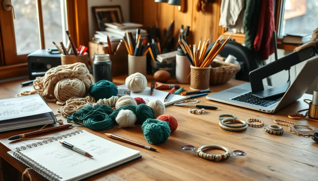 Wooden workbench with yarn, paintbrushes, sketchbook, laptop, handmade jewelry.