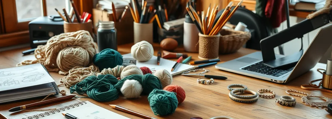 Wooden workbench with yarn, paintbrushes, sketchbook, laptop, handmade jewelry.