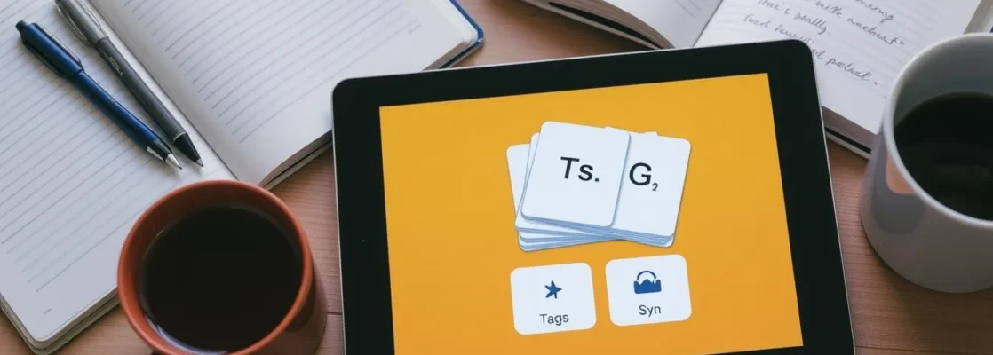 Tablet screen showing digital flashcard app interface with cards, tags, sync icon, and study materials nearby.