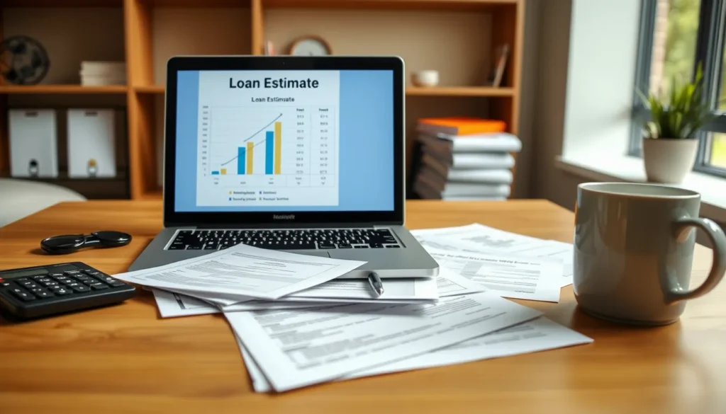 Desk with laptop showing loan estimate, paperwork, calculator, and coffee mug.