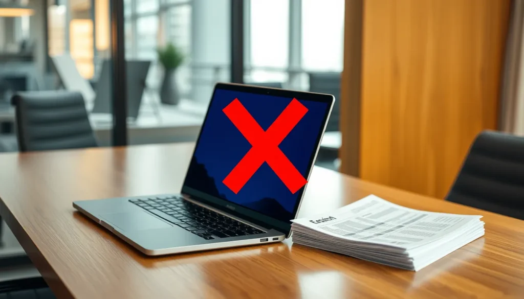 Office desk with laptop, paperwork, and a red X symbol indicating rejection.
