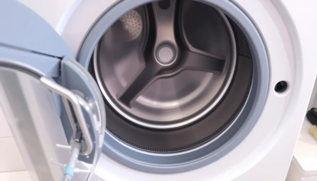 Open front-loading washing machine showing drum, gasket, pump filter, brush, wrench on countertop